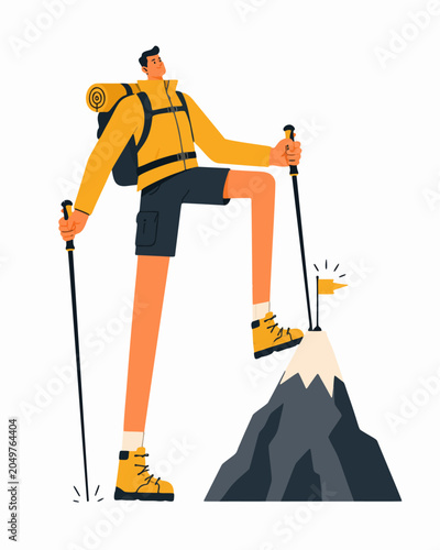 Картината върху платно Exaggerated Hiker Conquering Tiny Mountain Bold Cartoon Illustration