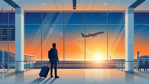 A lone traveler stands in a modern airport terminal watching an airplane take off into a vibrant sunset sky illustrating global travel and new journeys