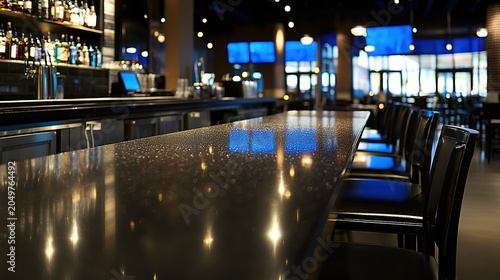 A sleek modern bar interior at night featuring a reflective counter and blue ambient lighting