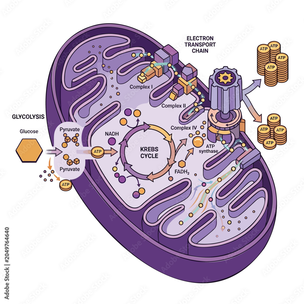 Fototapeta premium Mitochondria ATP energy production 2D cartoon flat design vector infographic, cellular respiration electron transport chain energy metabolism education illustration