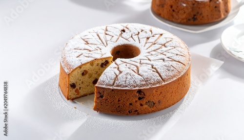 A delightful fruitcake dusted with powdered sugar and a decorative stencil pattern, ready to be served.