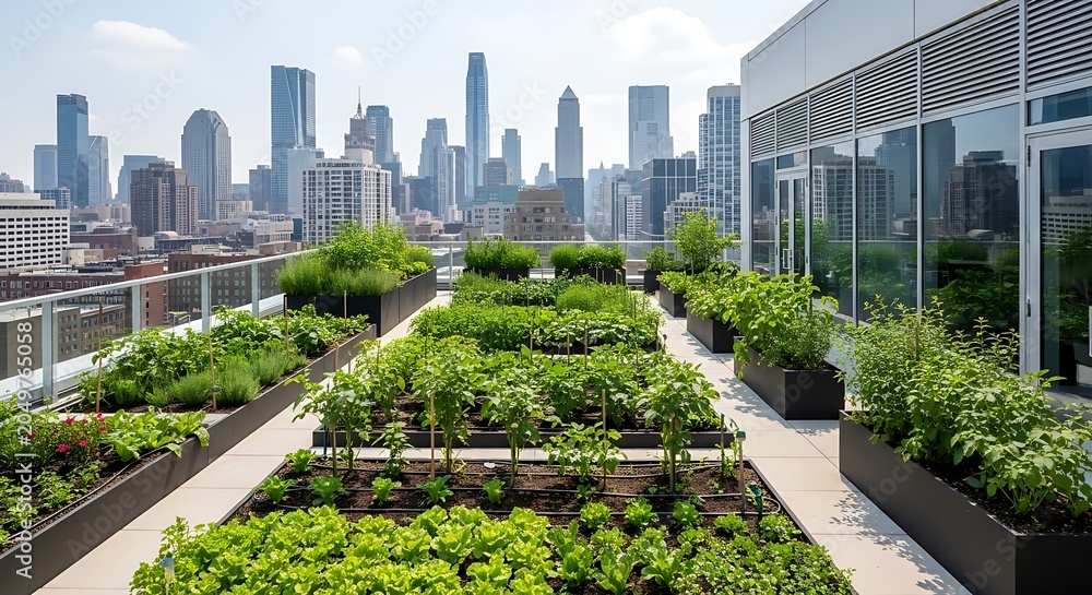Fototapeta premium Lush rooftop garden with rows of green plants and vegetables in raised beds, overlooking a modern city skyline with skyscrapers under a bright sky.