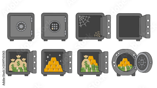 Foto Set of security safe icons with open vaults and valuables