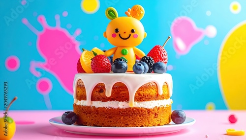 A delightful layered cake adorned with fresh fruits and a playful cartoon character topper, perfect for joyful celebrations.