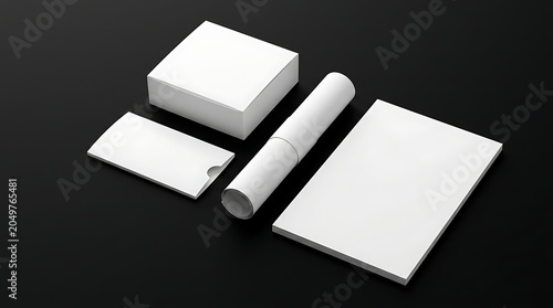 Blank stationery mockup set with box tube sleeve and paper on black background for corporate branding presentation showcase