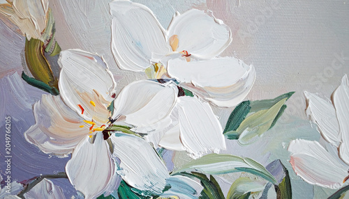 Abstract oil painting of elegant white flowers in bloom, expressive brushstrokes, rich textured oil paint on canvas, soft pastel background, floral art, beautiful nature inspiration.