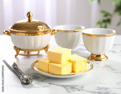 An elegant, luxury butter set arranged on a polished marble countertop in a well-lit kitchen setting.