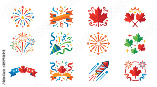 Картината върху платно Canada Day Celebration Icons: Maple Leaves, Fireworks, Confetti, Rockets, Ribbon