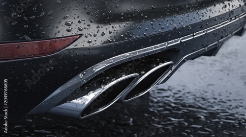 Shiny luxury car exhaust with water droplets glistening on the sleek metallic surface after rain, highlighting modern automotive design and detail