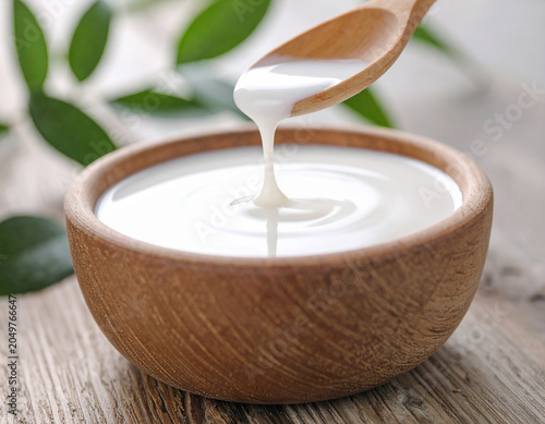 A close up view of a wood bowl filled with creamy yogurt, a delicate drip hanging from the spoon.