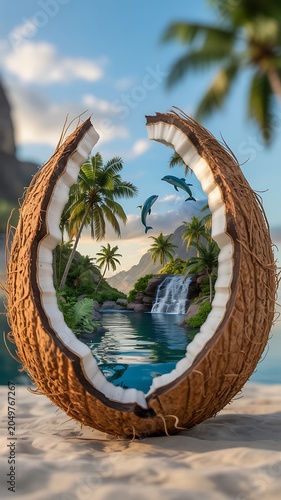 Tropical paradise scene inside a cracked coconut on a sandy beach with dolphins leaping from water