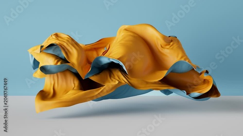 Abstract minimalist 3D animation. Blue and yellow two-sided fabric flutters, isolated on a plain background. The elegant drape waves in slow motion.