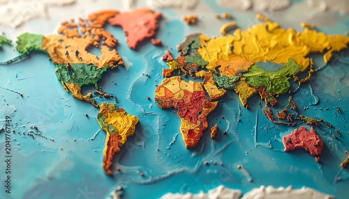 A 3D colorful world map on a textured blue background