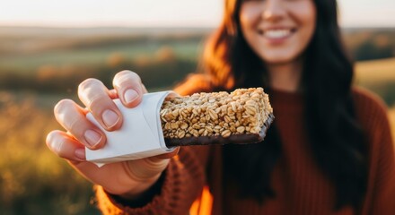 Smiling Woman Holding a Healthy Granola Bar with Oats and Chocolate at Sunset Outdoors