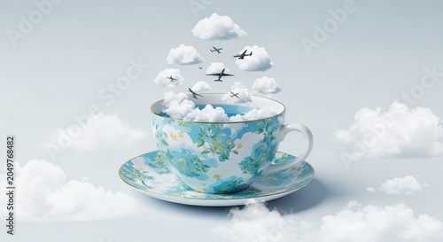 Floral Teacup with Small Airplanes Flying Above White Clouds on Blue and White Sky Background