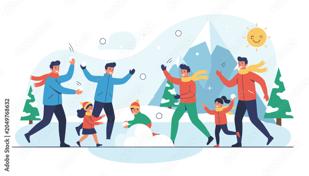 Fototapeta premium Group of friends and family having a fun snowball fight in a snowy mountain landscape under a bright winter sun with pine trees in background.