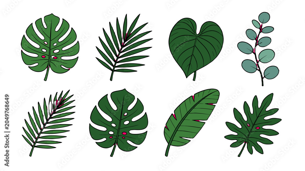 Fototapeta premium Set of hand drawn tropical leaves isolated on white