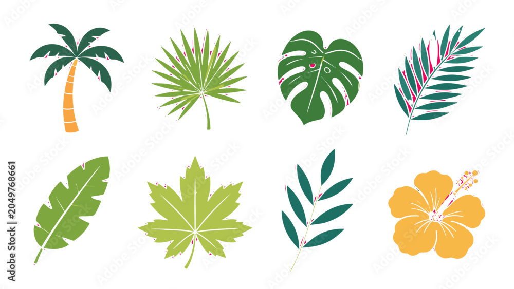 Naklejka premium Set of tropical leaves and flower vector stickers on white