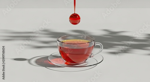 Red Liquid Drop Falling into a Clear Glass Tea Cup and Saucer on White Background with Shadows
