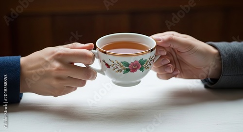 Two Hands Holding a White Floral Teacup with Gold Rim on White Tablecloth and Dark Background