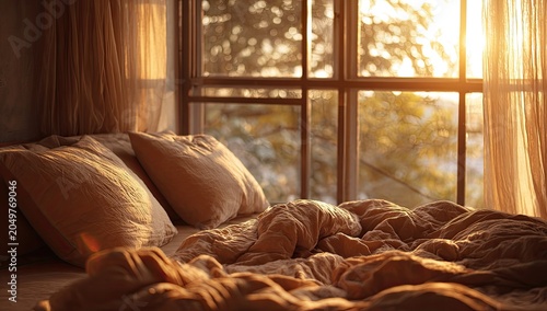 Cozy bedroom with rumpled bed bathed in warm, golden sunset light