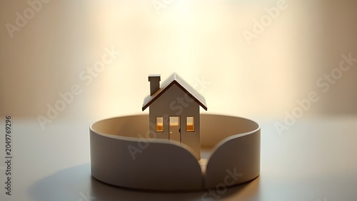 Miniature house model encased in protective curves, symbolizing shelter in a dreamlike composition.