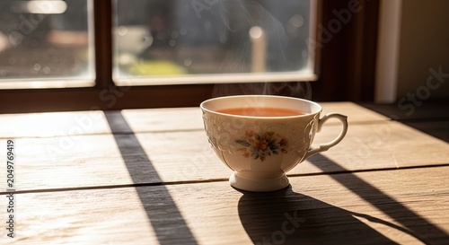 White Ceramic Teacup with Steaming Tea on a Wooden Table Near a Sunny Window Background