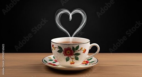 White Floral Ceramic Teacup with Heart Shaped Steam on Wooden Table against a Black Background