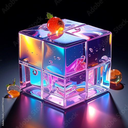 A 3D cube with iridescent colors and fruits on and around it