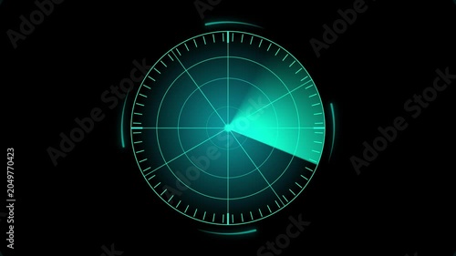 Radar screen animation on black background. Technology radar device with cyan color radar animation scan data communication system. radio waves radar screen animated.