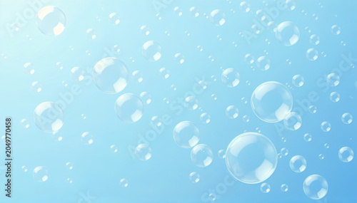 A blue background with many bubbles of different sizes. The bubbles are scattered throughout the image, with some larger and some smaller. Scene is playful and whimsical.