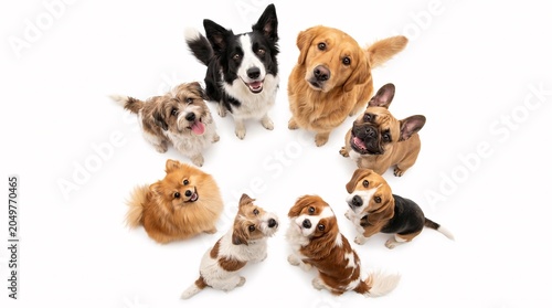 Various mixed breed puppies forming a circular pattern around copy space, isolated on white background. Perfect pet-themed image for design projects.