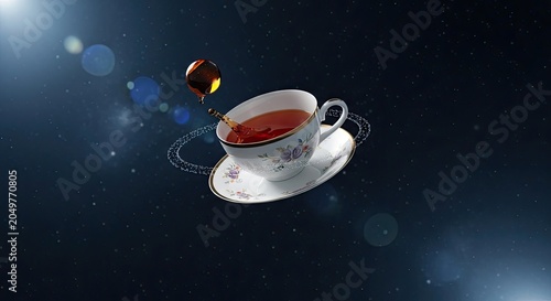 White Floral Teacup and Saucer Floating with Amber Tea Splash on Dark Starry Space Background