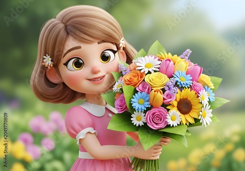 a big-eyed cartoon girl smiling sweetly while holding a beautiful bouquet of colorful flowers.