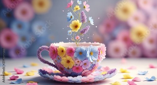Teacup Covered in Pastel Pink Yellow and Blue Flowers with Growing Stems on Soft Bokeh Background