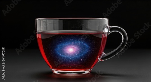Transparent Glass Cup Filled with Red Liquid Containing a Glowing Blue Galaxy on Black Surface