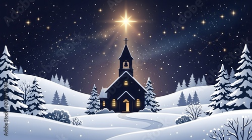 Silhouette of a classic church in a snowy winter forest under a bright christmas star and starry night sky vector.