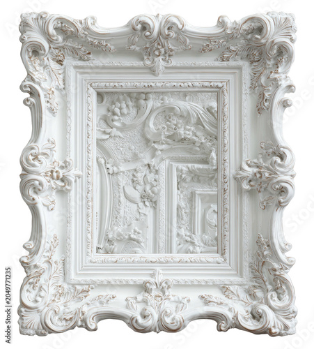 Ornate white picture frame with intricate sculpted floral details