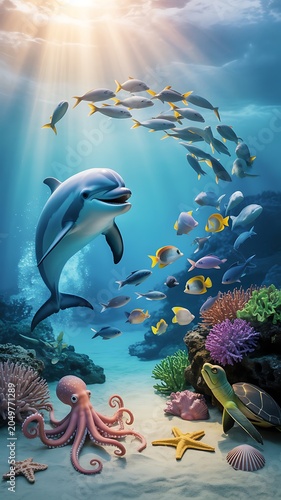 Vibrant underwater scene with a dolphin, octopus, turtle, and fish