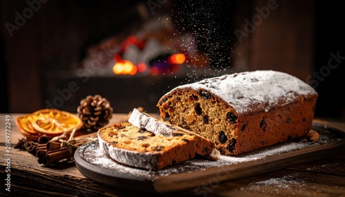 A delightful slice of festive fruitcake dusted with powdered sugar, served on a rustic board with a warm hearth in the background