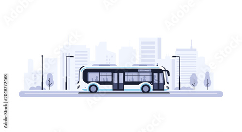 A city bus drives down a street on environment day with buildings trees and streetlights