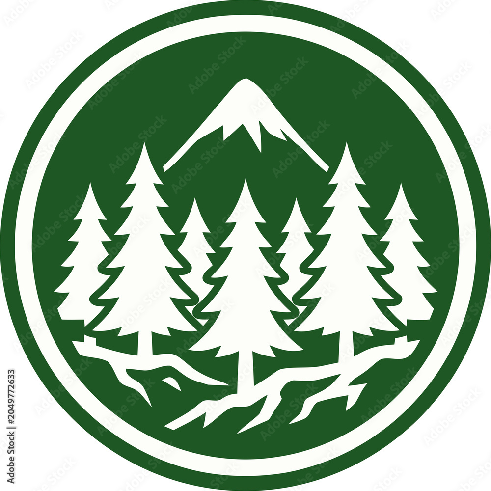 Obraz premium Forest Pine Trees and Snowy Mountain Round Logo