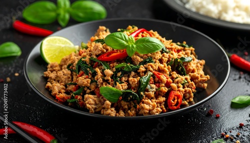 A black plate of spicy minced meat garnished with basil and chili peppers on a dark surface