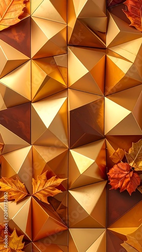 A 3D geometric pattern of golden pyramids with autumn leaves