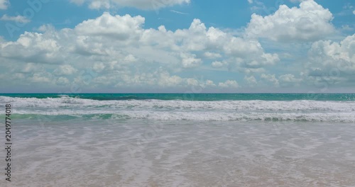 4K Nature video Beautiful tropical beach sea wipeout tourist blue ocean sea blue sky background. Hight quality ProRes422