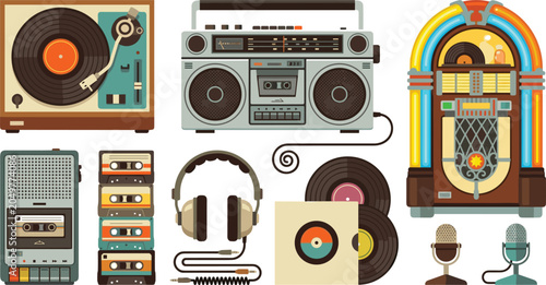 Schilderij op canvas Retro Audio Equipment Vector Set Featuring Vinyl Record Player Boombox and Jukeb