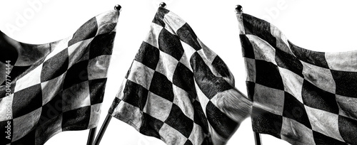 Three checkered flags waving in the wind, black and white image