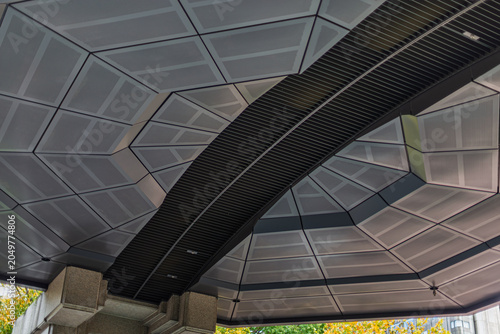 Geometric patterned ceiling and roof showing modern architectural beauty in Hibiya Park Tokyo November 2023
