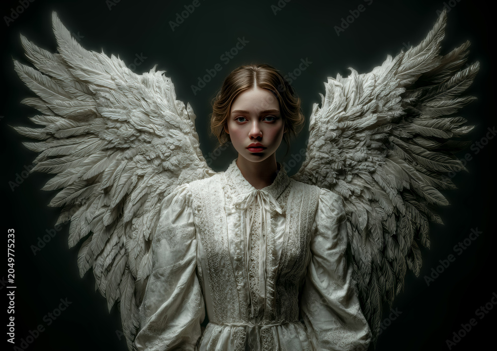 Obraz premium A woman in a white lace dress stands with large feather wings on a dark background. The front facing portrait is centered.