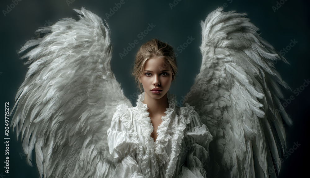 Obraz premium A woman in a white lace dress stands with large feather wings on a dark background. The front facing portrait is centered.